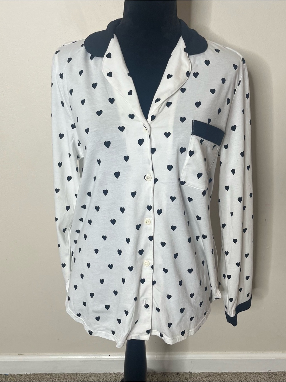 kate spade New York White Button-Front Heart Print Pajama Top with Black Trim L